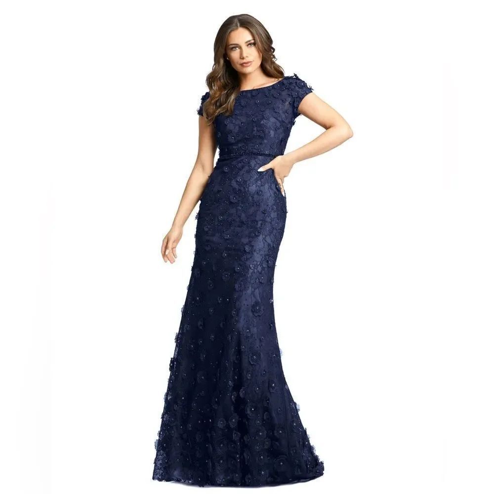MAC DUGGAL Navy Blue Size 14 Floral Lace  Boat Neck Cap Sleeve Gown Maxi Dress